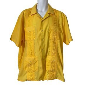 Omega Guayabera Cabana Shirt Men's Extra Large Yellow Short Sleeve Made in Italy